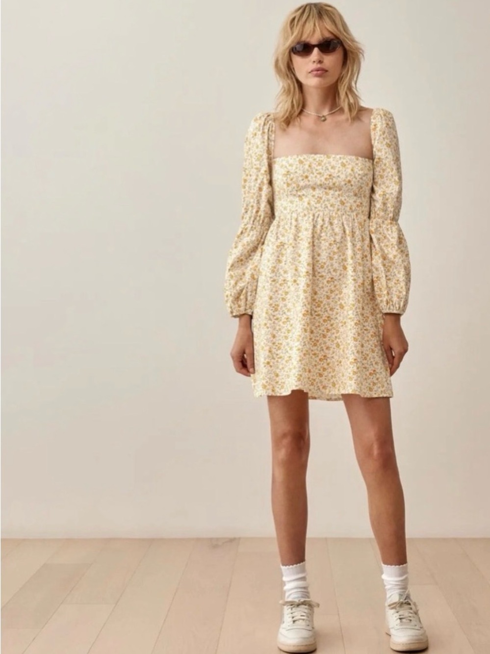Reformation Ivory and Yellow Floral Square-Neck Mini Dress size 2